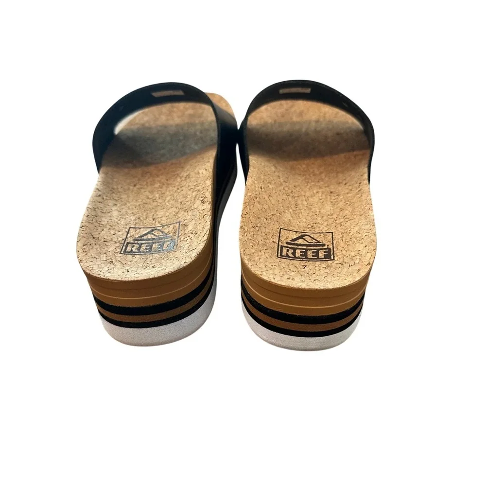 Reef Cushion‎ Scout Hi Black Platform Slide Sandals with Cork Footbed Women's 7